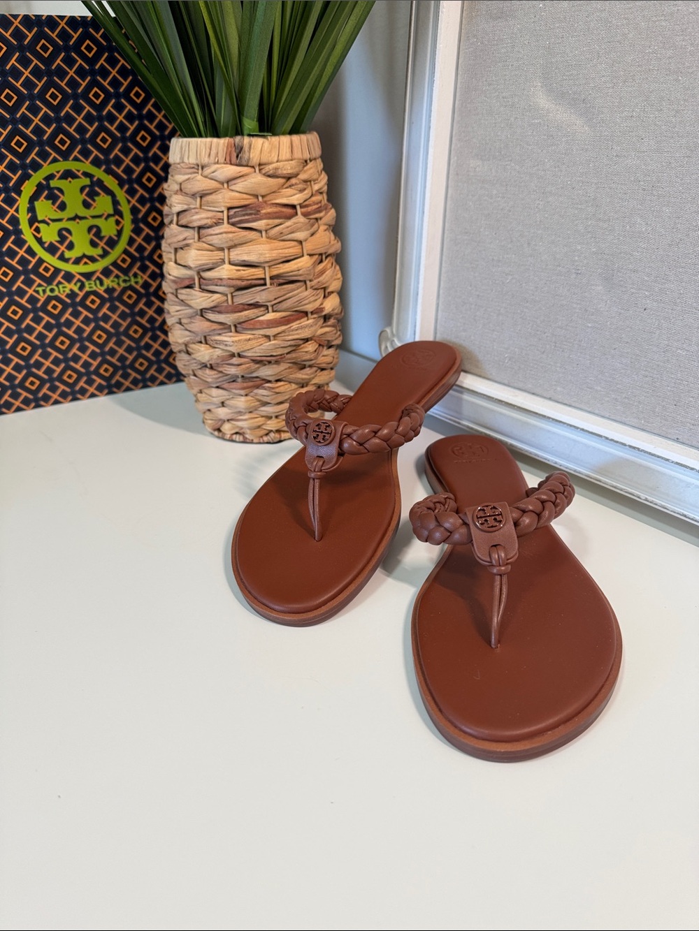 Tory Burch Brown Braided Thong Sandals